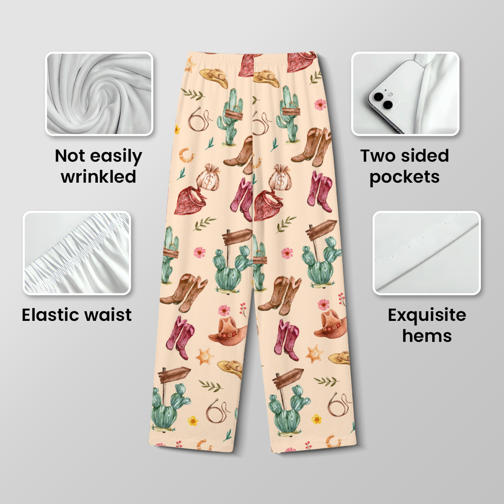 Western Cowgirl Cotton Jersey Pajamas | Pink Boots & Cactus Pants Set S-5XL