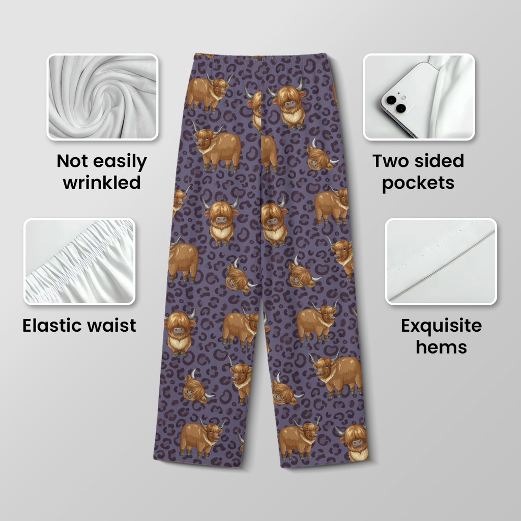 Purple Leopard Highland Cow Cotton Jersey Pajamas | Western Animal Print Pants Set S-5XL
