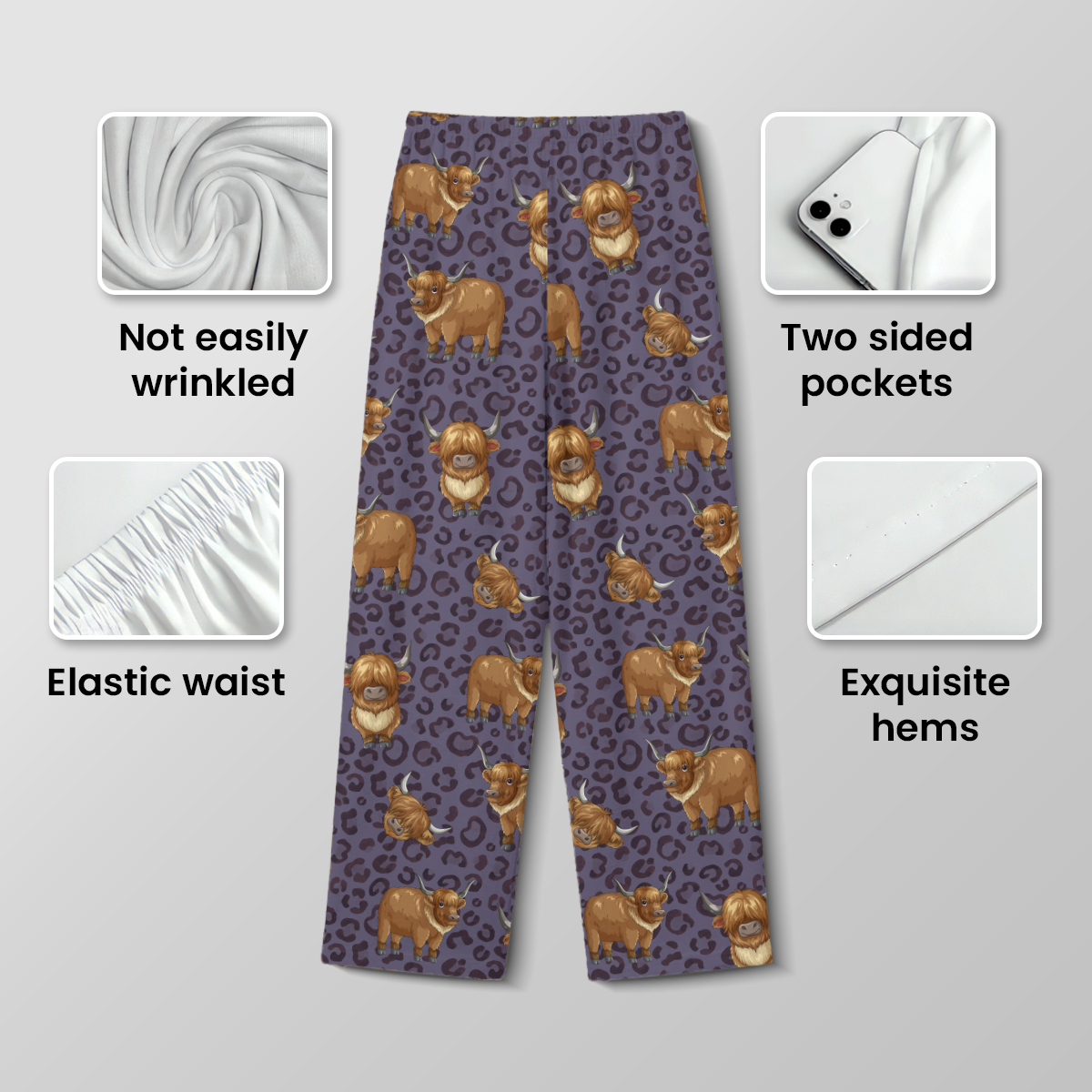 Purple Leopard Highland Cow Cotton Jersey Pajamas | Western Animal Print Pants Set S-5XL