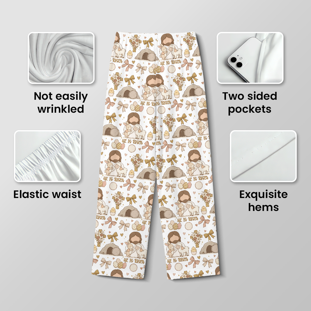 He Is Risen Easter Cotton Jersey Pajamas | Christian Faith Long Sleeve Pants Set S-5XL
