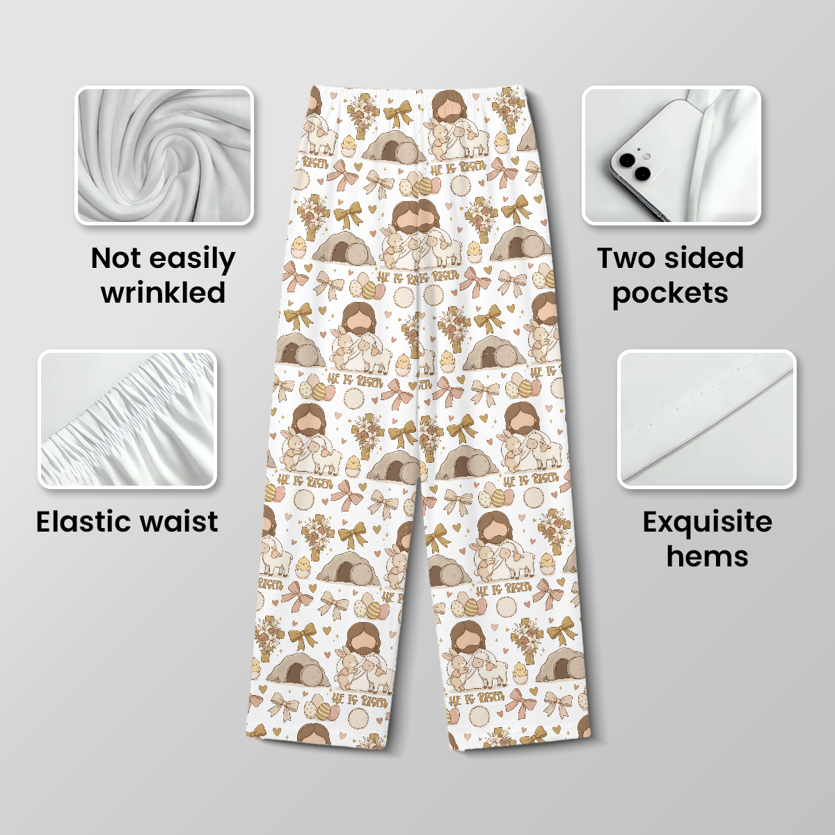 He Is Risen Easter Cotton Jersey Pajamas | Christian Faith Long Sleeve Pants Set S-5XL