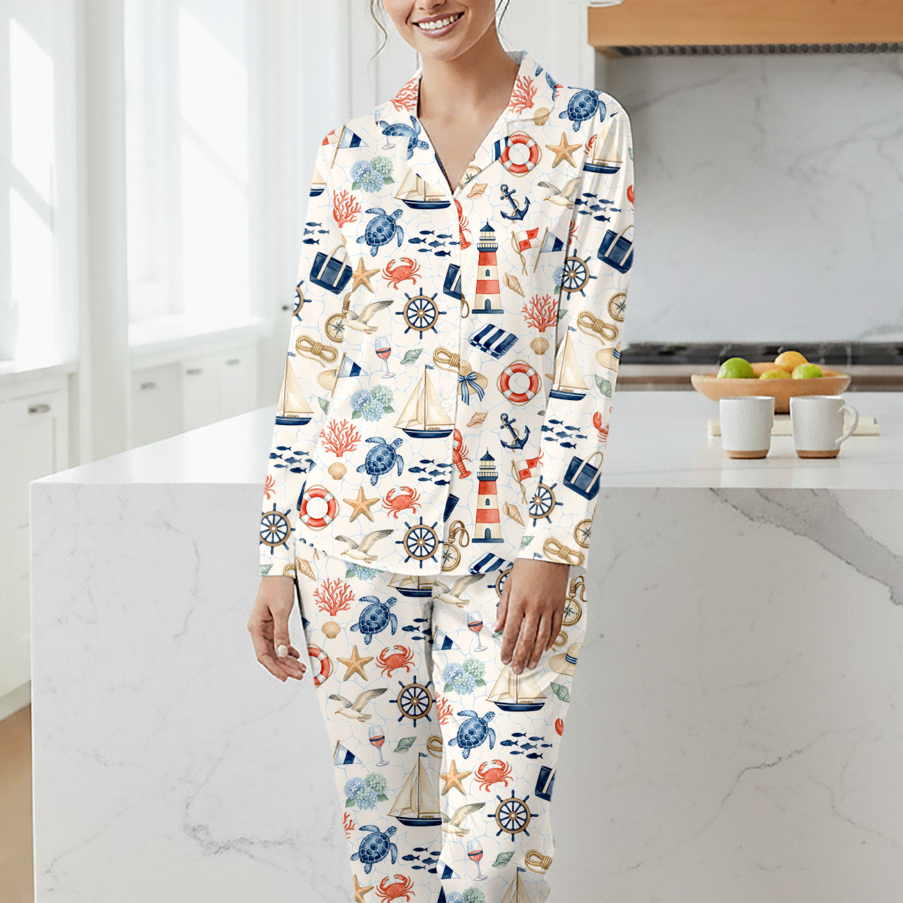 Coastal Pajamas for Women - Cotton Jersey Nautical Ocean Short Sleepwear Set