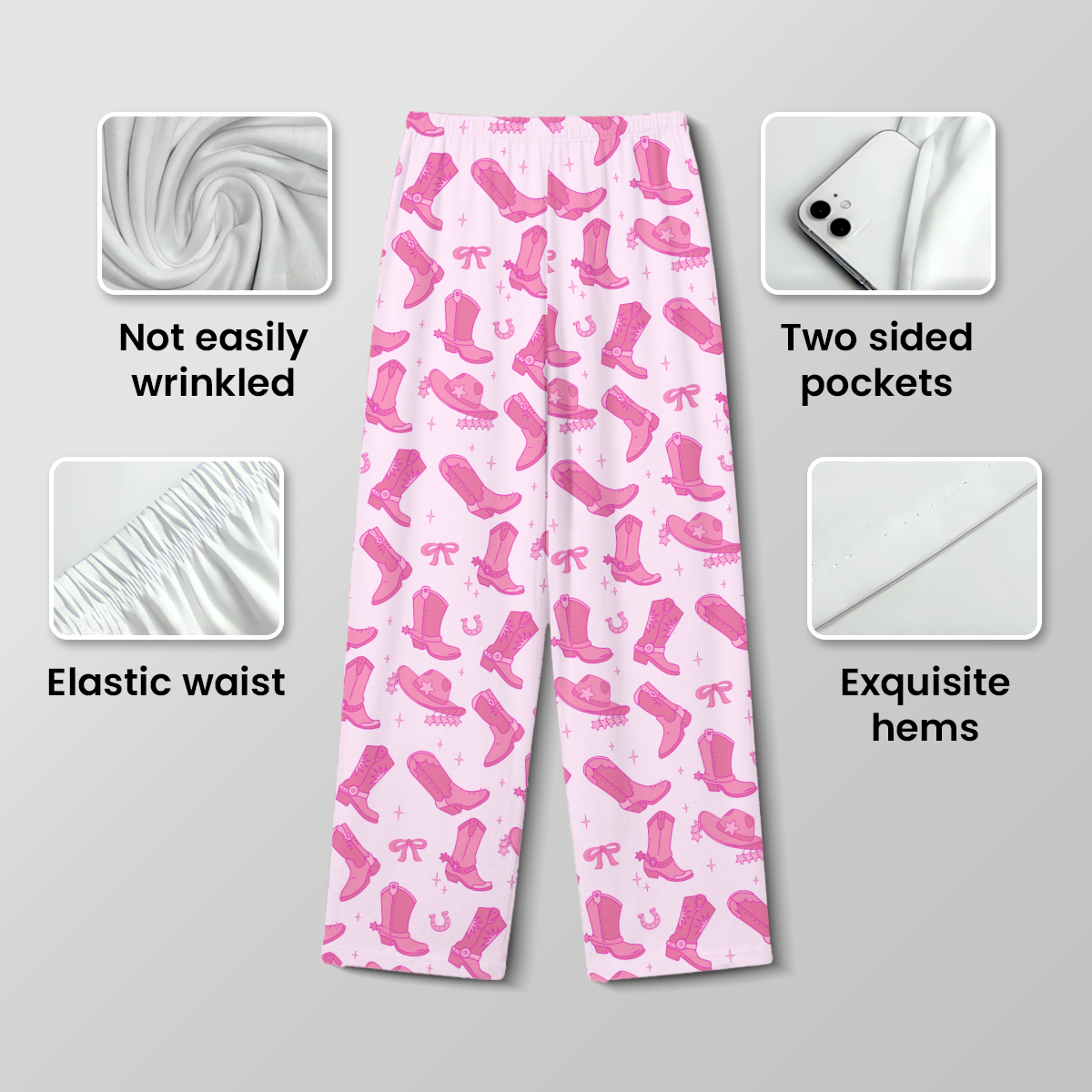 Pink Cowgirl Boots Cotton Jersey Pajamas | Western Country Pants Set S-5XL