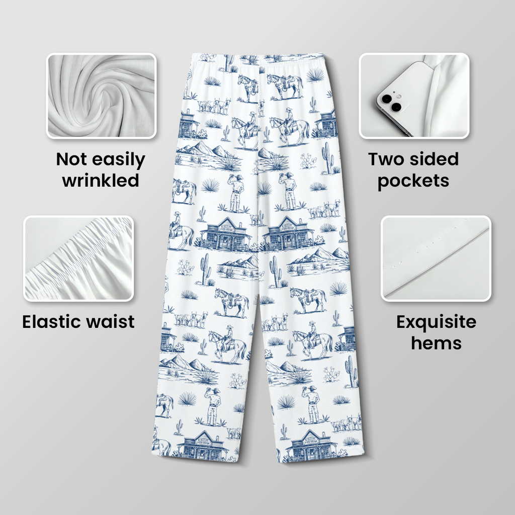 Blue Western Cowboy Toile Cotton Jersey Pajamas | Long Sleeve Pants Set S-5XL