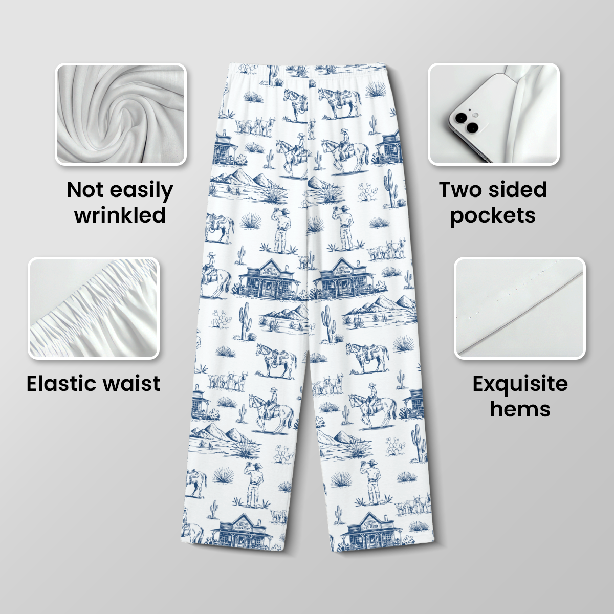 Blue Western Cowboy Toile Cotton Jersey Pajamas | Long Sleeve Pants Set S-5XL