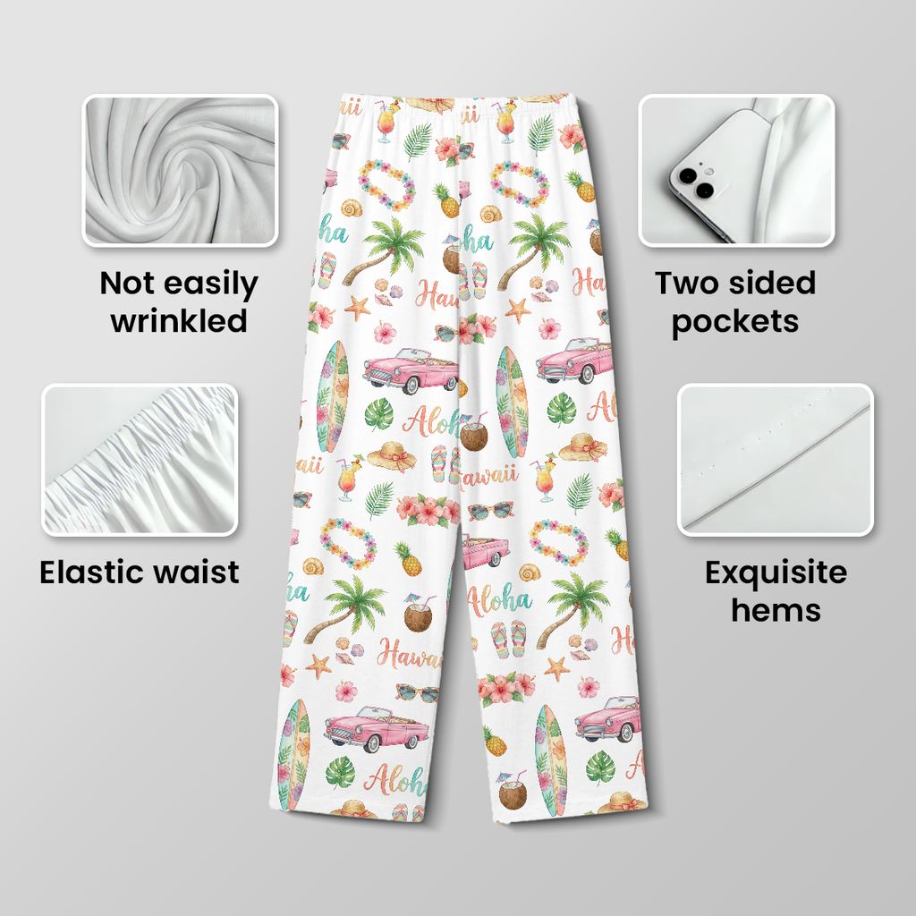 Aloha Hawaii Cotton Jersey Pajamas | Tropical Beach Pink Car Pants Set S-5XL