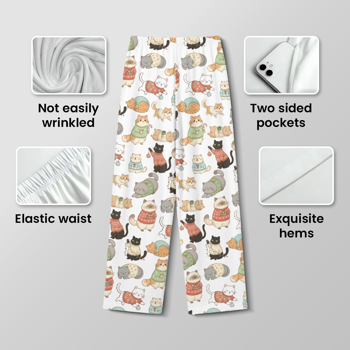 Cozy Christmas Cats Cotton Jersey Pajamas | Holiday Cat Sweaters Pants Set S-5XL