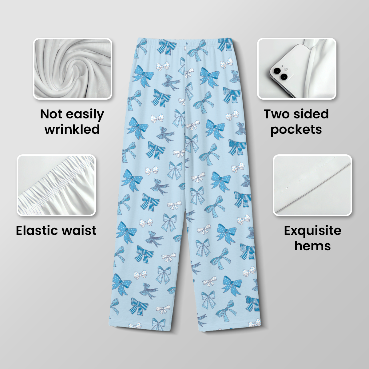 Blue Bows Cotton Jersey Pajamas | Coquette Ribbon Light Blue Pants Set S-5XL