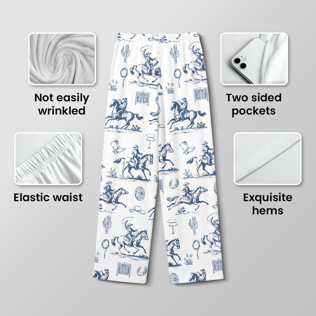 Blue Western Toile Cotton Jersey Pajamas | Vintage Cowboy Pants Set S-5XL