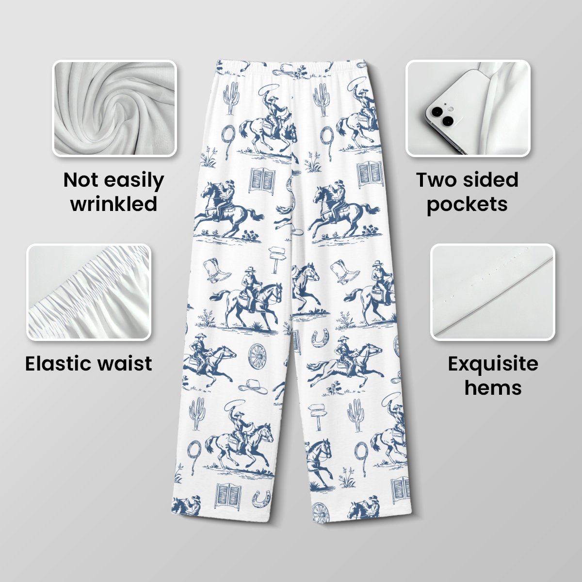 Blue Western Toile Cotton Jersey Pajamas | Vintage Cowboy Pants Set S-5XL