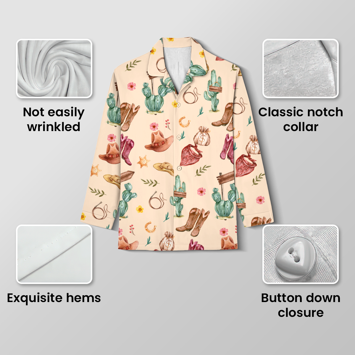 Western Cowgirl Cotton Jersey Pajamas | Pink Boots & Cactus Pants Set S-5XL