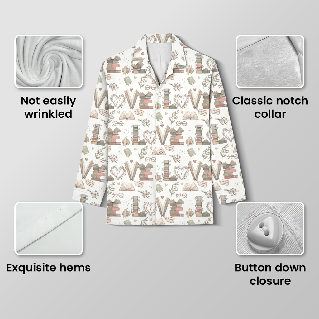 Love Reading Bookish Pajama Set | Soft Cotton White Book Lover Long Sleeve Sleepwear