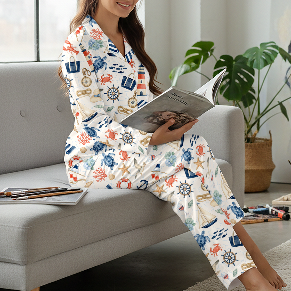 Coastal Pajamas for Women - Cotton Jersey Nautical Ocean Short Sleepwear Set