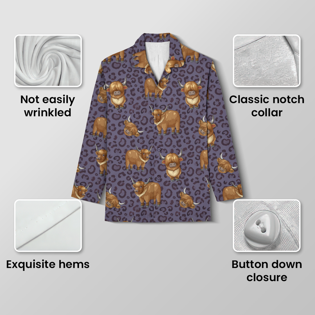 Purple Leopard Highland Cow Cotton Jersey Pajamas | Western Animal Print Pants Set S-5XL