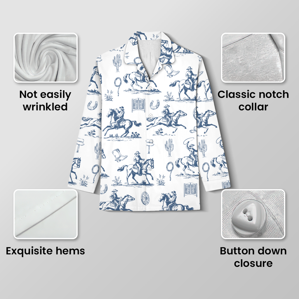Blue Western Toile Cotton Jersey Pajamas | Vintage Cowboy Pants Set S-5XL