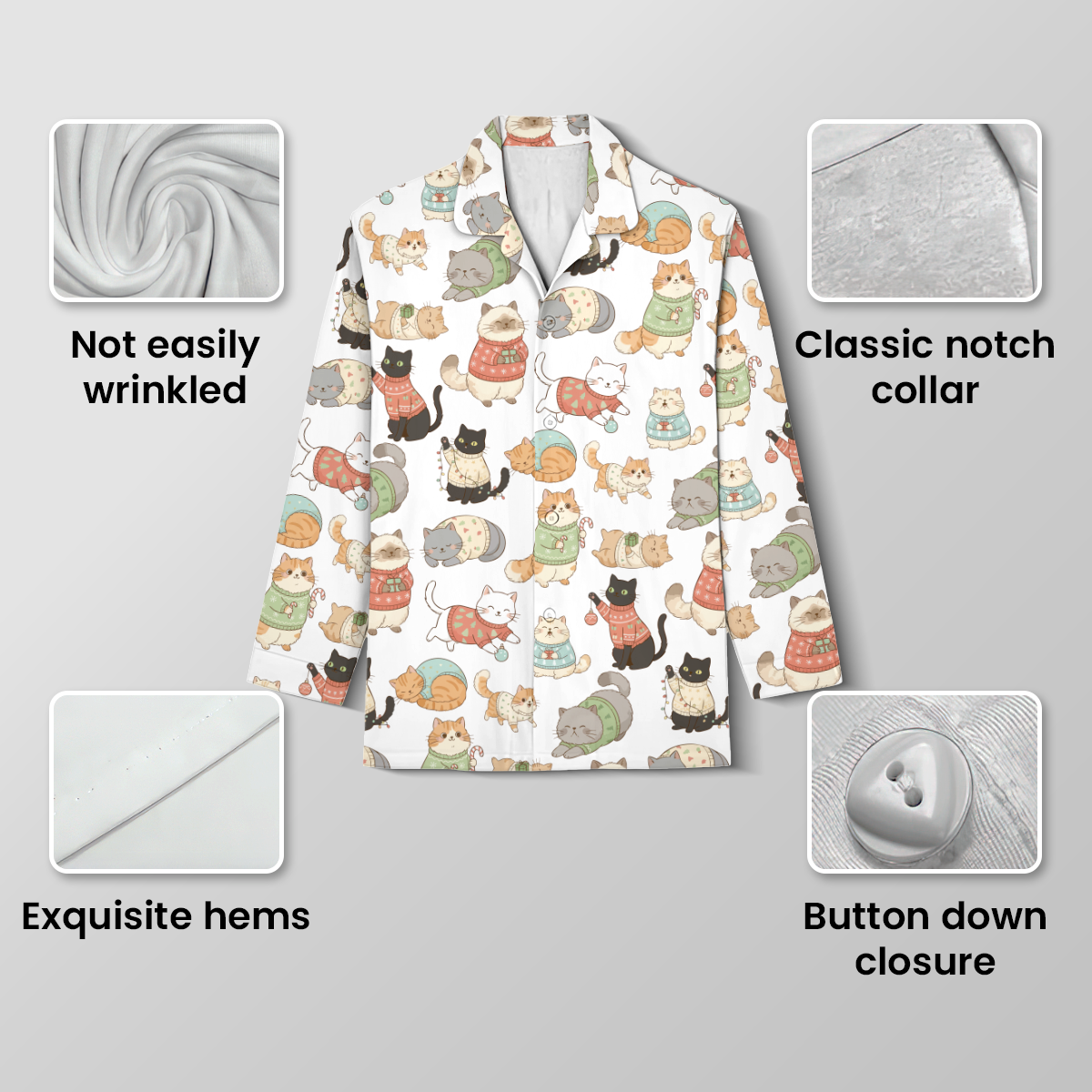 Cozy Christmas Cats Cotton Jersey Pajamas | Holiday Cat Sweaters Pants Set S-5XL