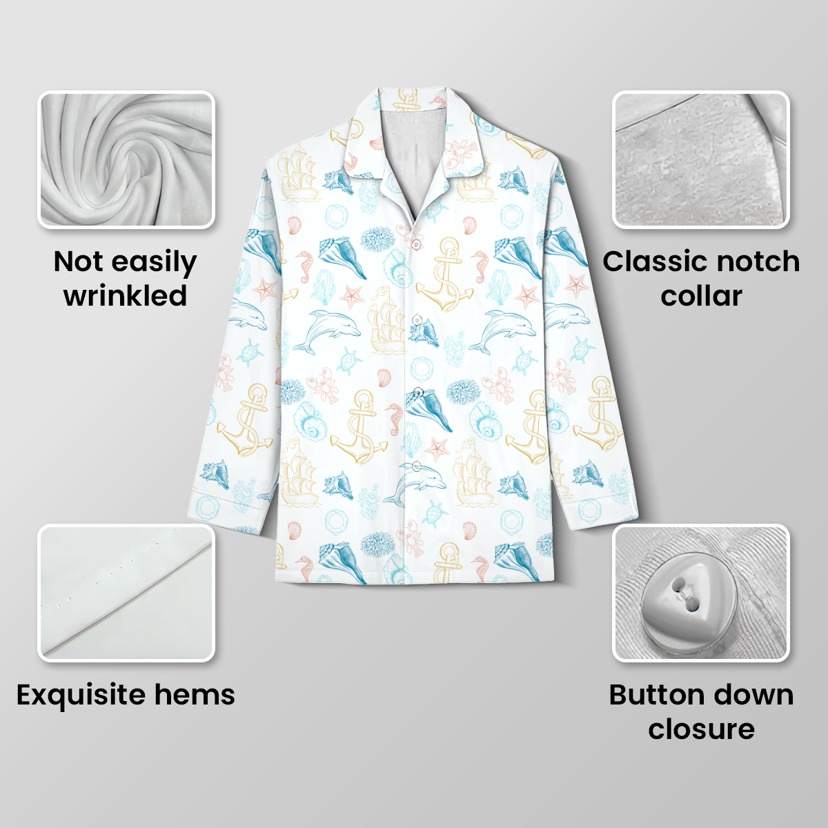 Nautical Ocean Life Cotton Jersey Pajamas | Blue Dolphin & Anchor Pants Set S-5XL