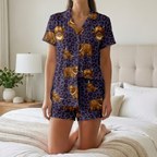 Purple Leopard Highland Cow Cotton Jersey Pajamas | Western Animal Print Shorts Set