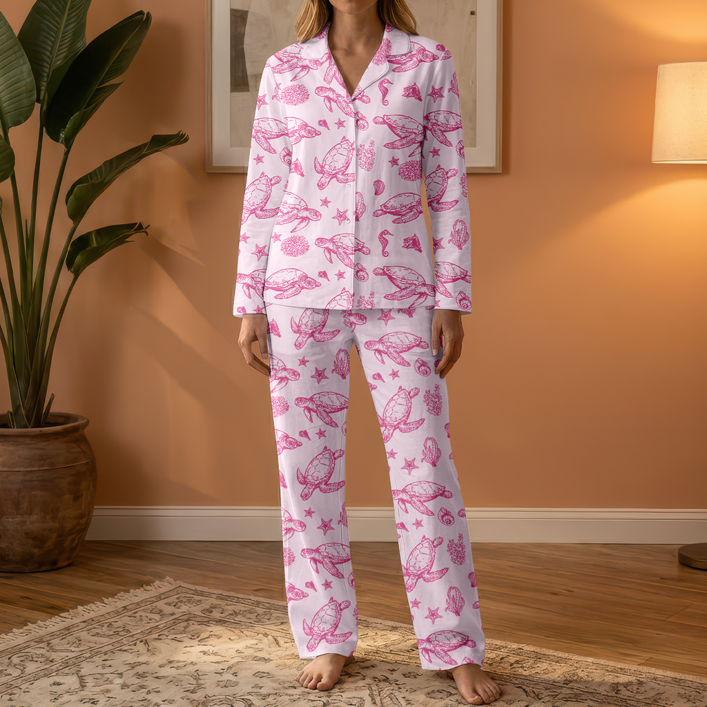 Nautical Ocean Life Cotton Jersey Pajamas | Blue Dolphin & Anchor Pants Set S-5XL