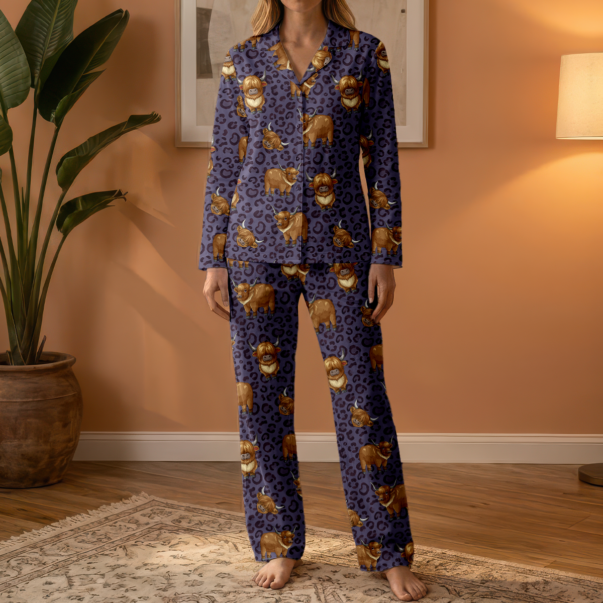 Purple Leopard Highland Cow Cotton Jersey Pajamas | Western Animal Print Pants Set S-5XL
