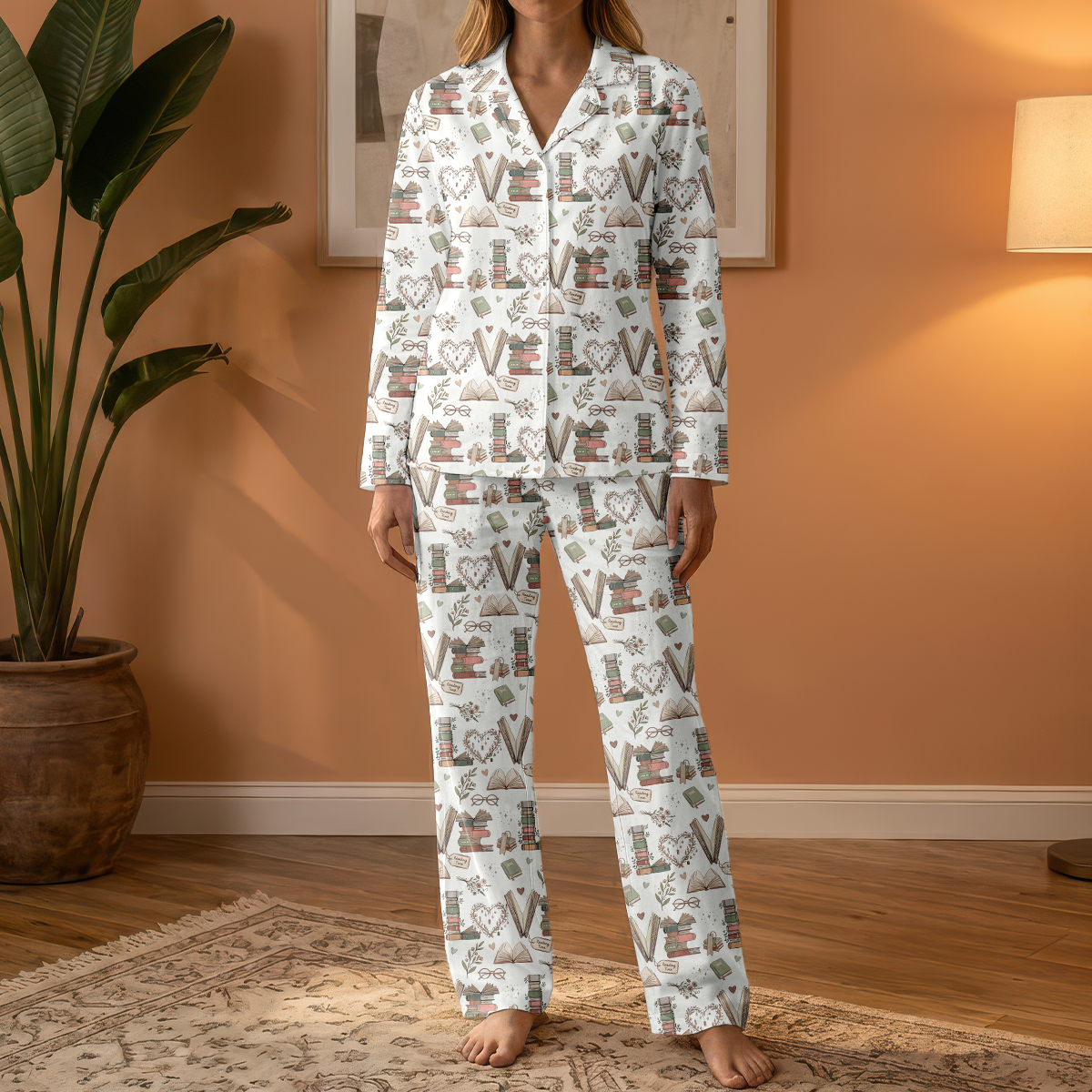 Love Reading Bookish Pajama Set | Soft Cotton White Book Lover Long Sleeve Sleepwear