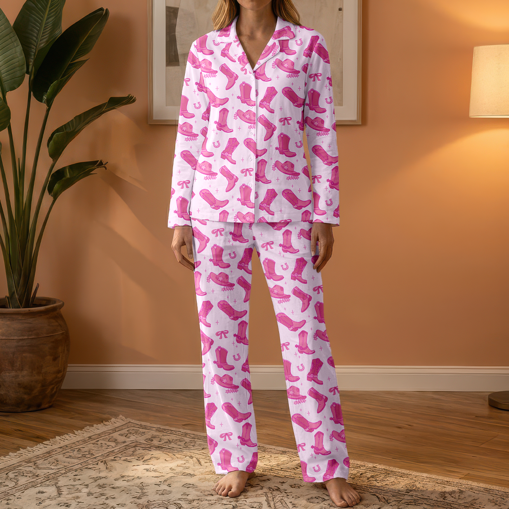 Pink Cowgirl Boots Cotton Jersey Pajamas | Western Country Pants Set S-5XL