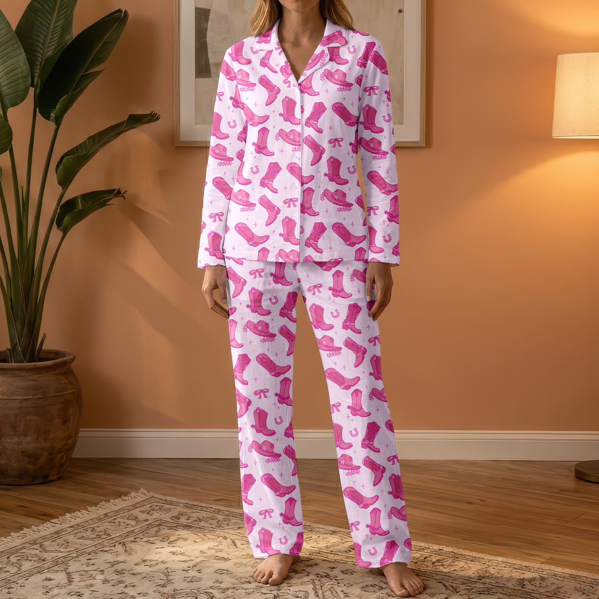 Pink Cowgirl Boots Cotton Jersey Pajamas | Western Country Pants Set S-5XL