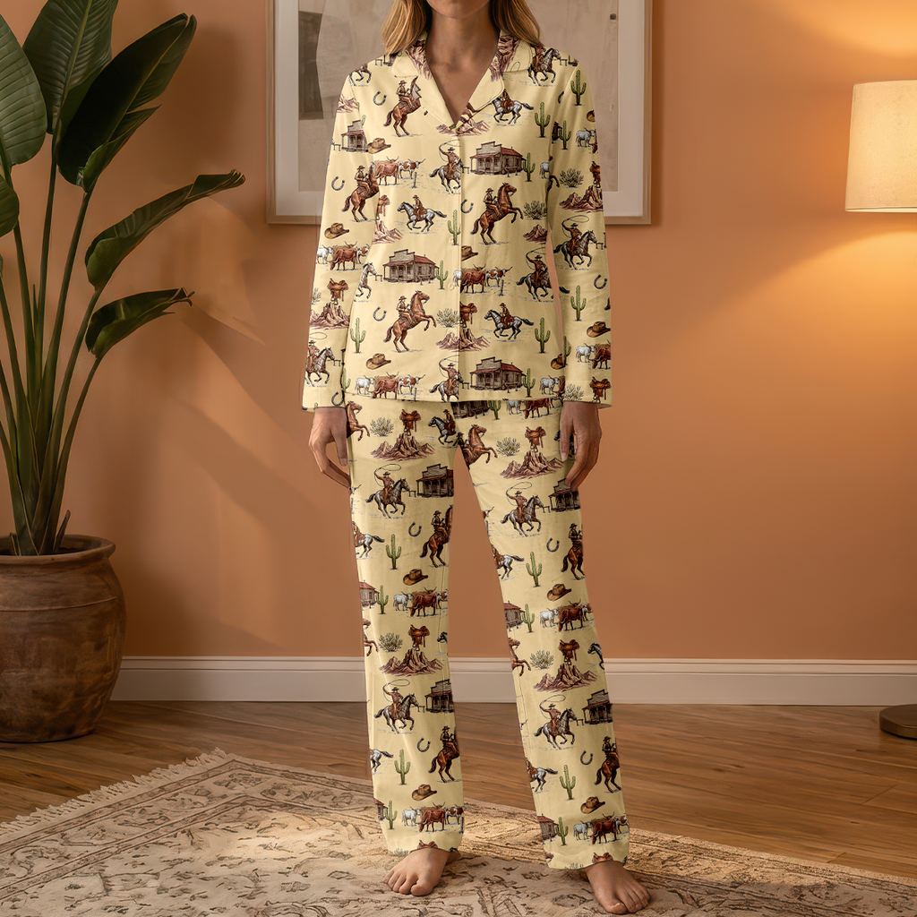 Vintage Western Rodeo Cotton Jersey Pajamas | Cowboy & Longhorn Pants Set S-5XL