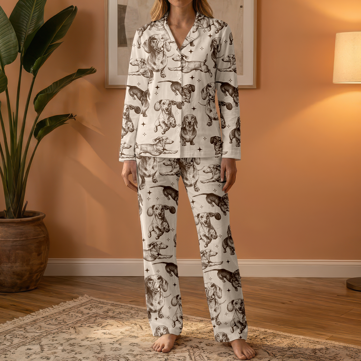 Vintage Dachshund Cotton Jersey Pajamas | Wiener Dog Long Sleeve Pants Set S-5XL