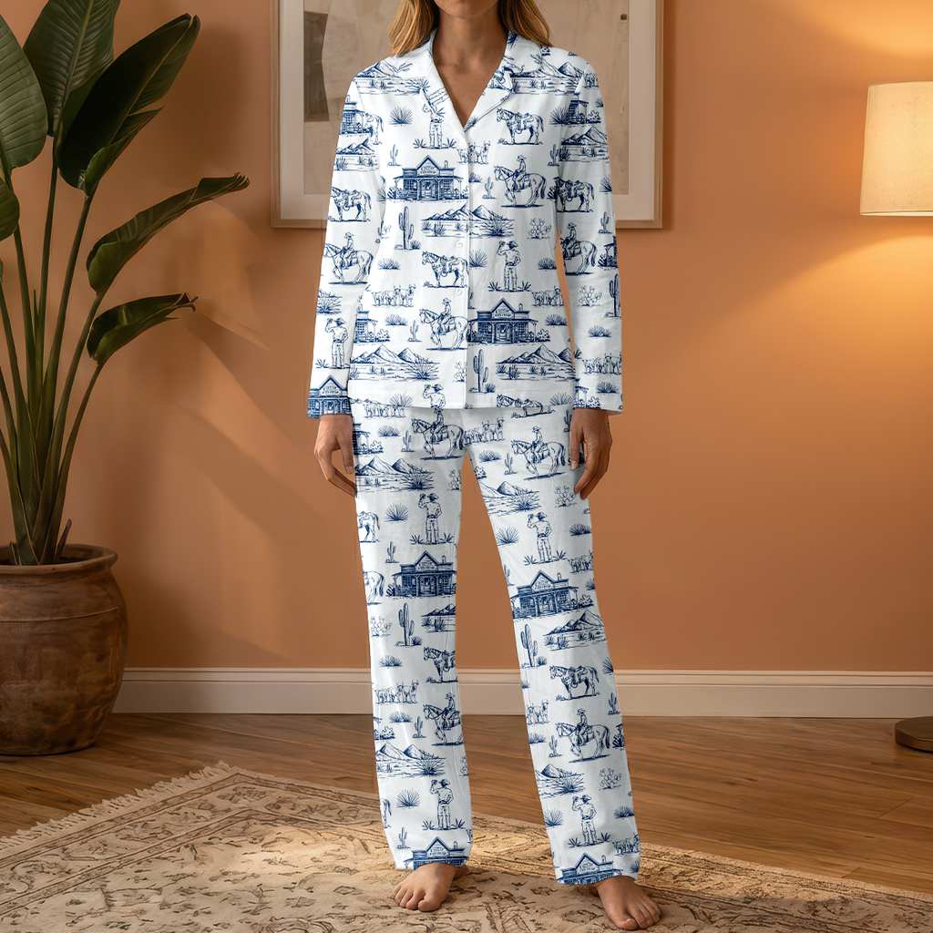 Blue Western Cowboy Toile Cotton Jersey Pajamas | Long Sleeve Pants Set S-5XL