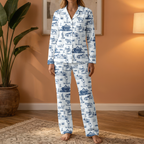 Blue Western Cowboy Toile Cotton Jersey Pajamas | Long Sleeve Pants Set S-5XL