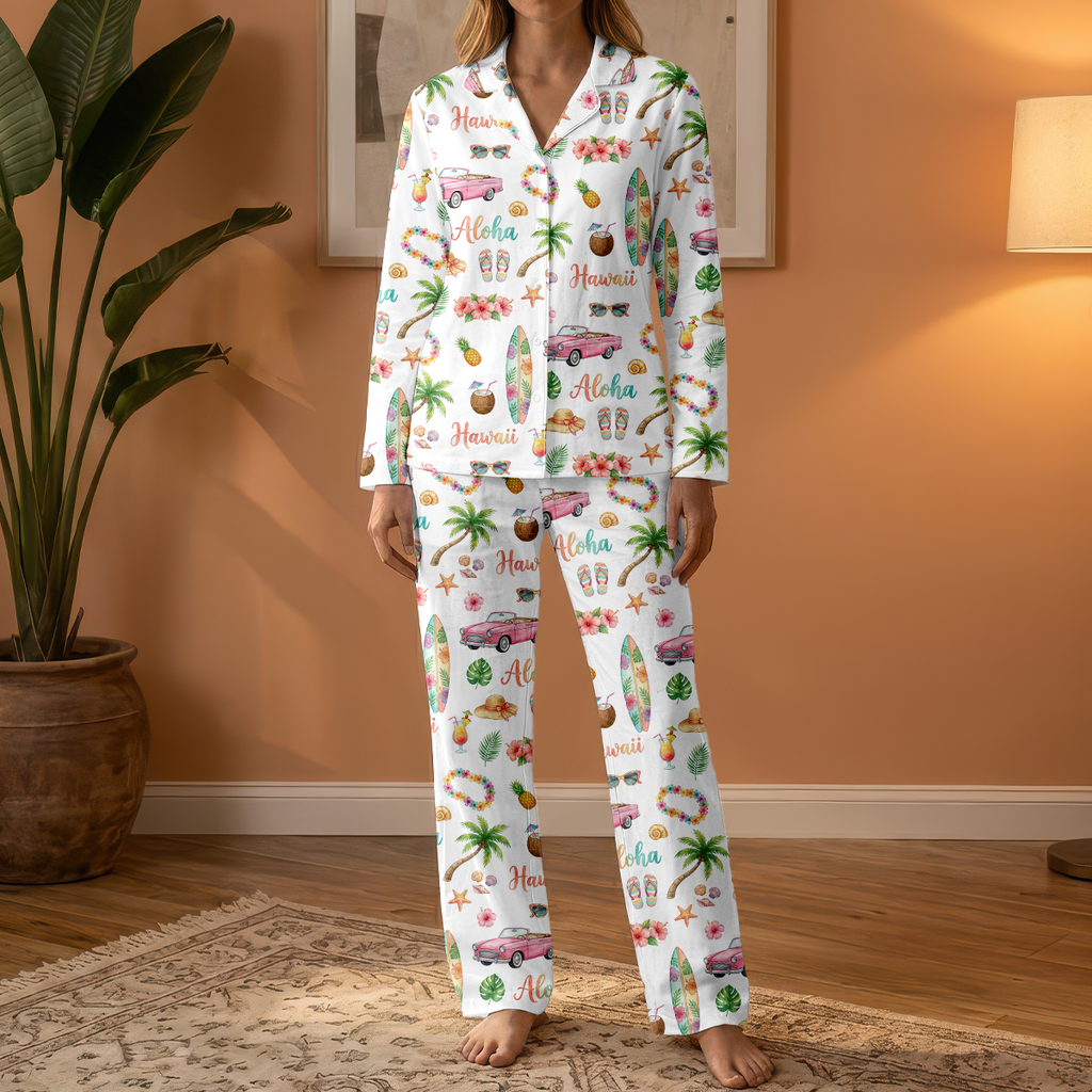 Aloha Hawaii Cotton Jersey Pajamas | Tropical Beach Pink Car Pants Set S-5XL