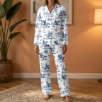 Blue Western Toile Cotton Jersey Pajamas | Vintage Cowboy Pants Set S-5XL