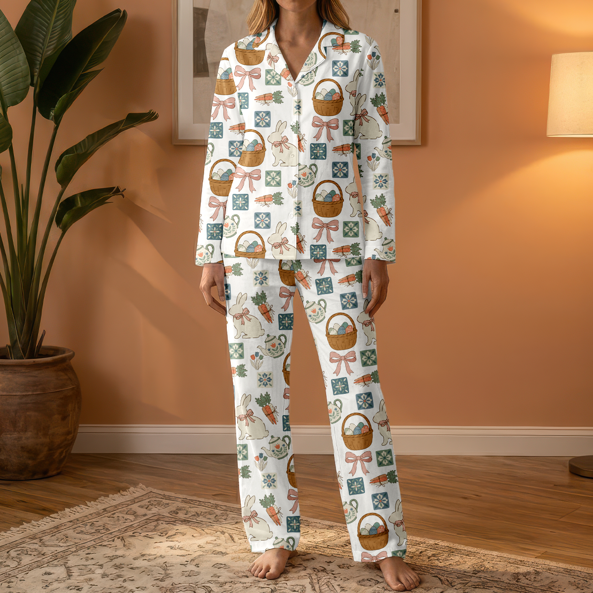 Easter Bunny & Eggs Women's Pajama Set - Soft Cotton Long Sleeve Sleepwear