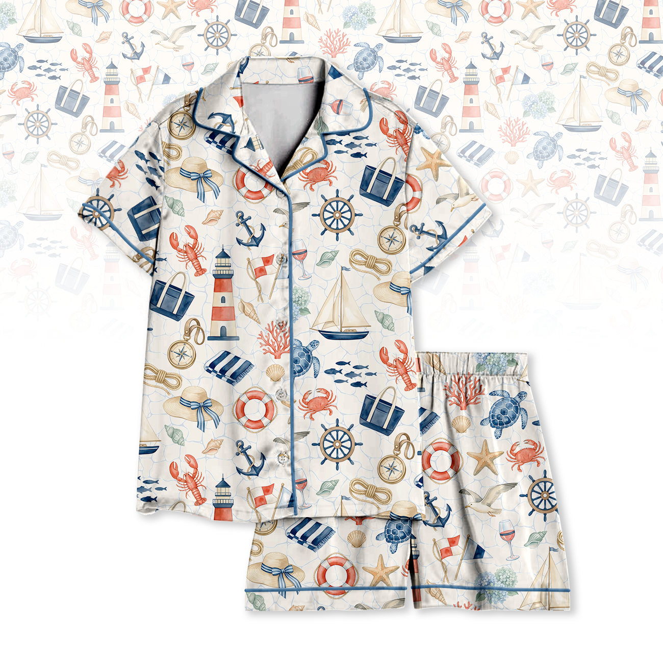 Coastal Pajamas for Women - Cotton Jersey Nautical Ocean Short Sleepwear Set
