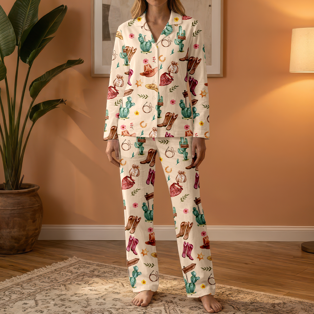 Western Cowgirl Cotton Jersey Pajamas | Pink Boots & Cactus Pants Set S-5XL