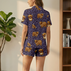 Purple Leopard Highland Cow Cotton Jersey Pajamas | Western Animal Print Shorts Set