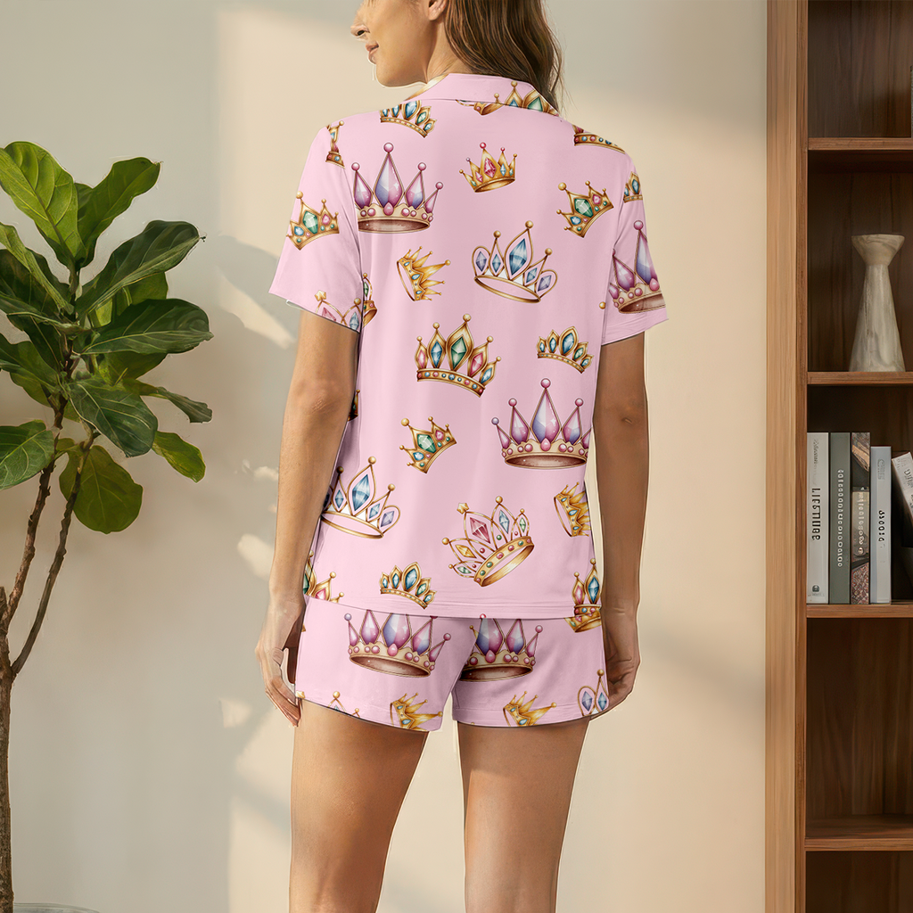 Cute Pink Princess Crown Pajamas for Women | Short Sleeve PJ Set with Pockets