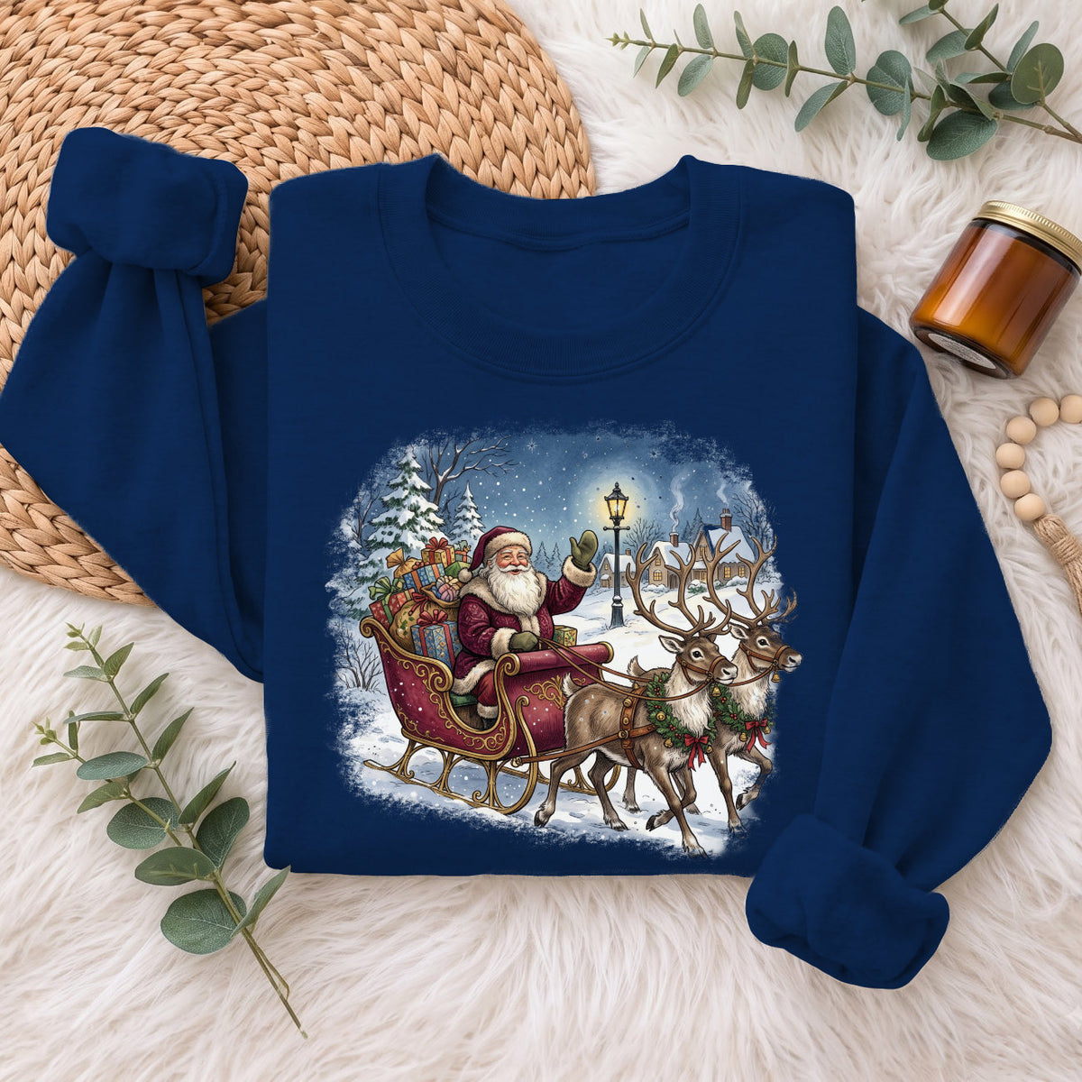 Santa Sleigh Reindeer Christmas Sweatshirt, Xmas Holiday Sweater