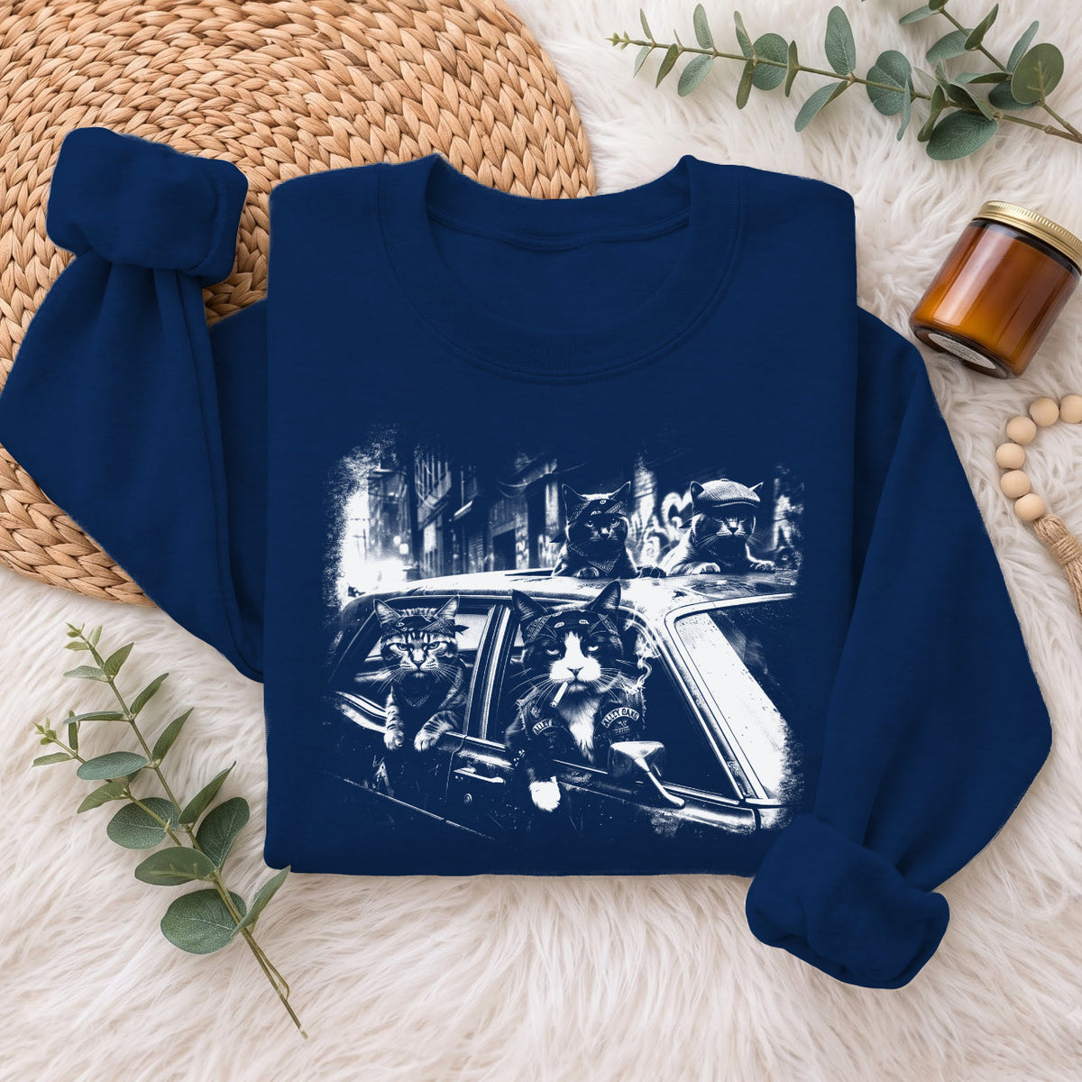 Gangster Cats in Car Sweatshirt, Funny Cat Retro Graphic Top