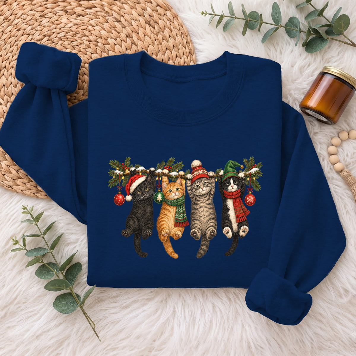 Hanging Cats Christmas Sweatshirt, Cute Kitty Holiday Sweater, Xmas