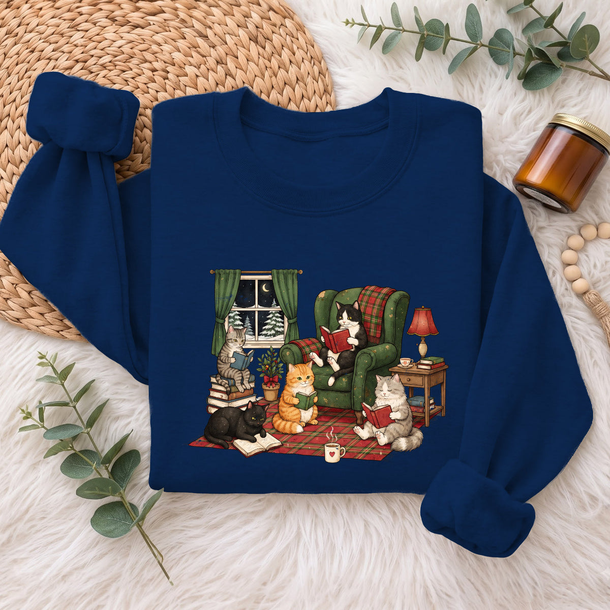 Cozy Reading Cats Sweatshirt, Cute Cat Books Holiday Sweater, Xmas