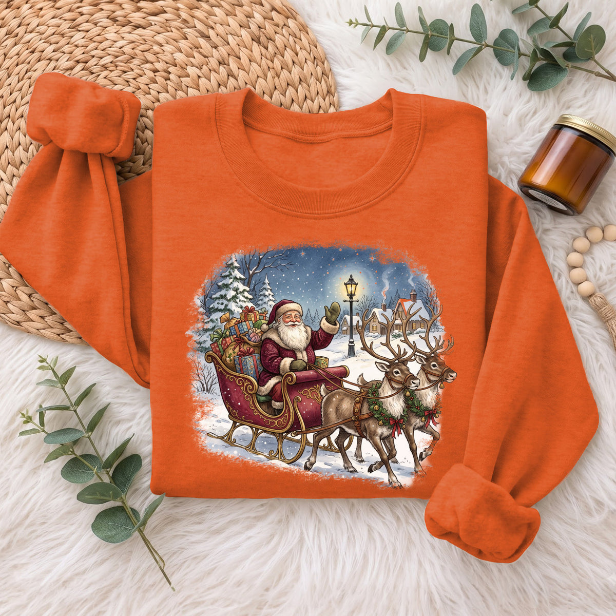 Santa Sleigh Reindeer Christmas Sweatshirt, Xmas Holiday Sweater