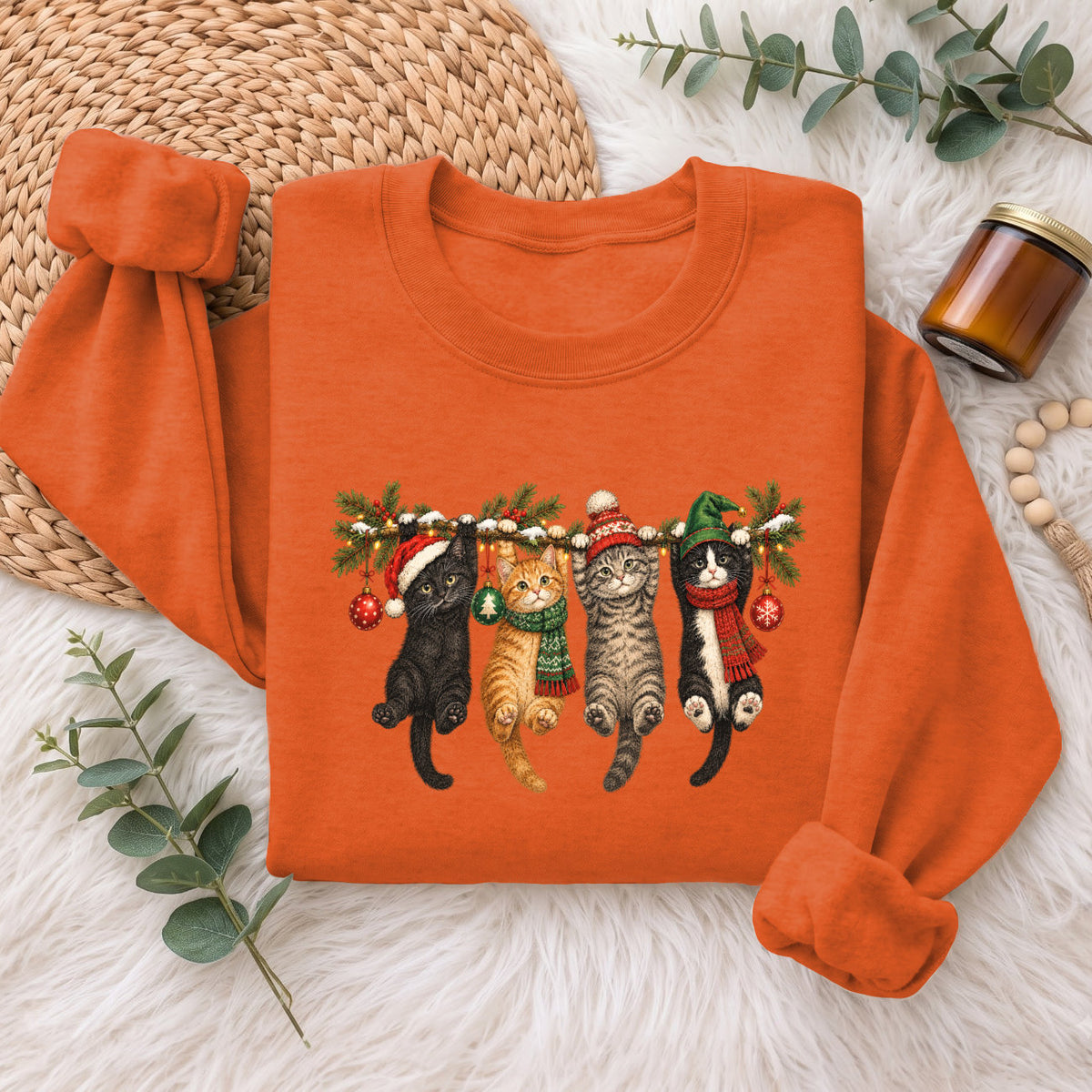 Hanging Cats Christmas Sweatshirt, Cute Kitty Holiday Sweater, Xmas