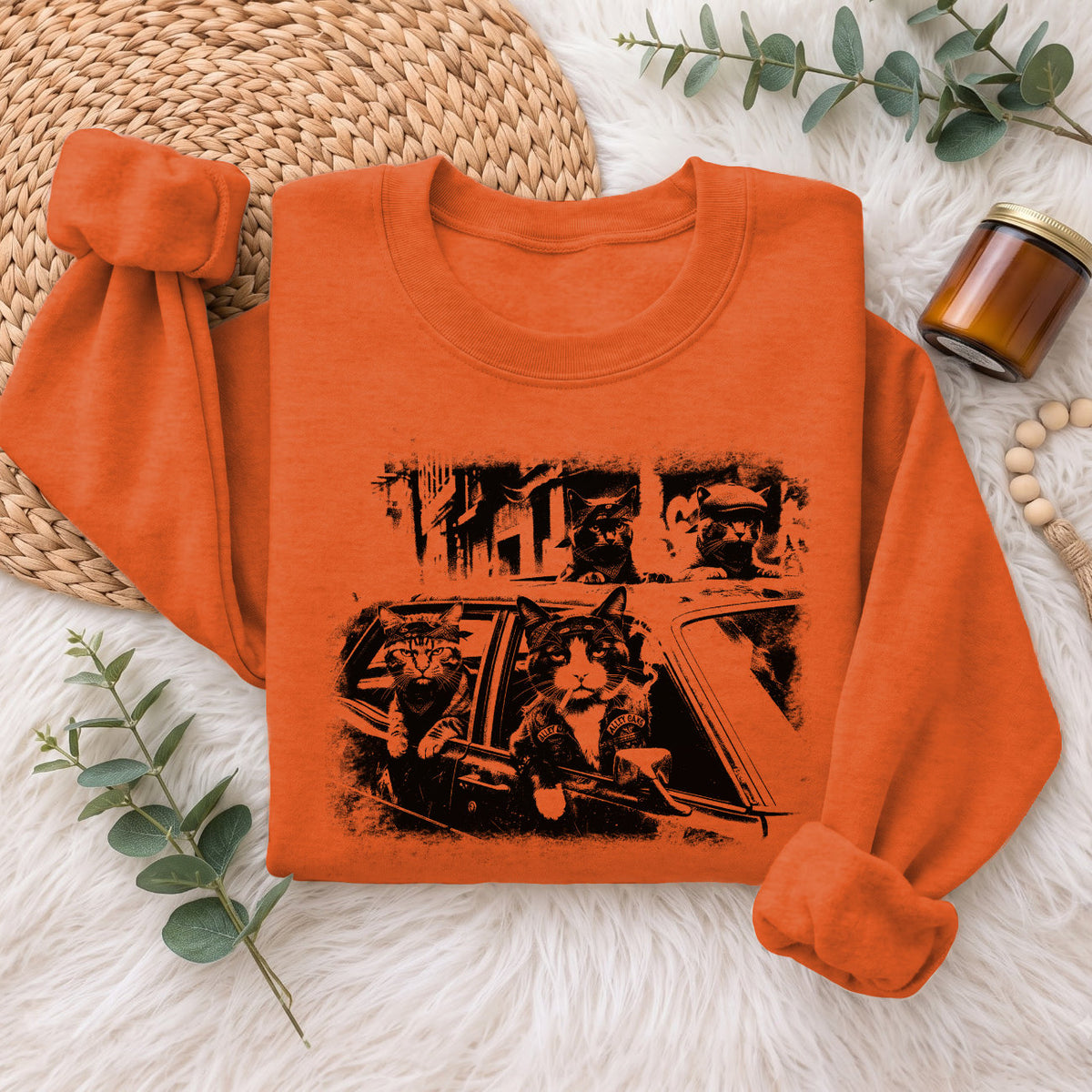 Gangster Cats in Car Sweatshirt, Funny Cat Retro Graphic Top