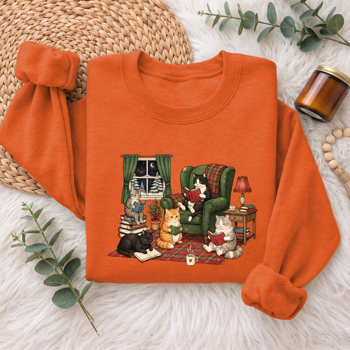 Cozy Reading Cats Sweatshirt, Cute Cat Books Holiday Sweater, Xmas