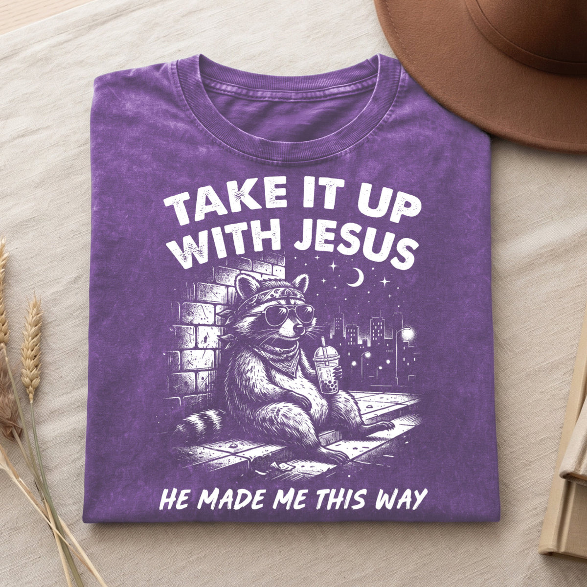 Grunge Raccoon Holding Bubble Tea Shirt, Take It Up With Jesus Tee (PB100926-5)