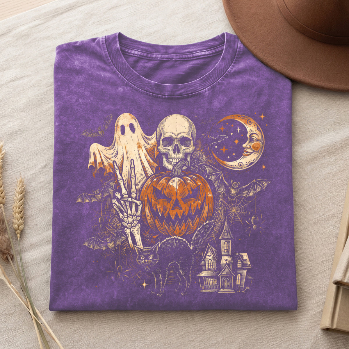 Retro Spooky Ghost Pumpkin Skull Graphic T Shirt (PB091826-3)