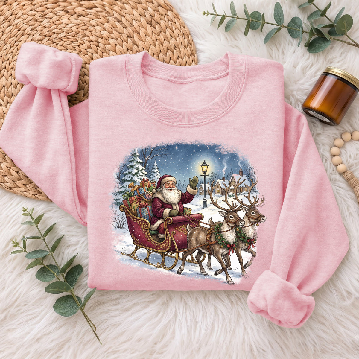 Santa Sleigh Reindeer Christmas Sweatshirt, Xmas Holiday Sweater
