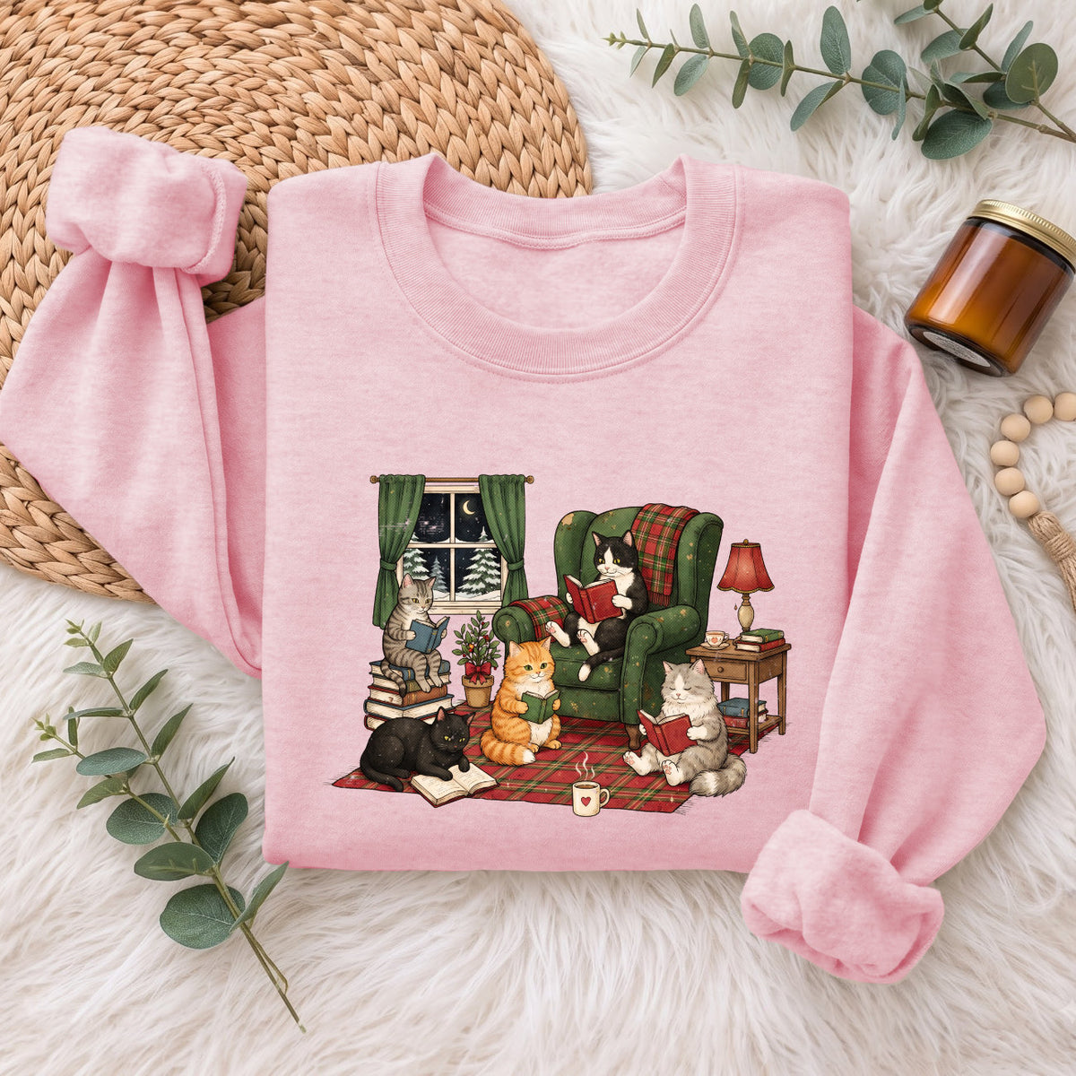 Cozy Reading Cats Sweatshirt, Cute Cat Books Holiday Sweater, Xmas